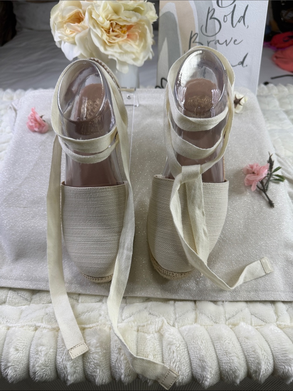 Vince Camuto Cream Ankle-Tie Espadrille Wedges - Picture 2 of 13